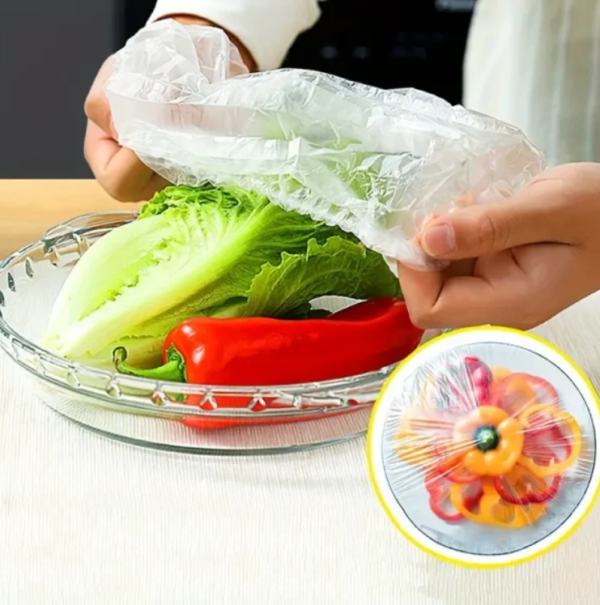 100pcs Disposable Plastic Wrap Cover, Convenient And Quick, With Elastic And Tight Mouth, Can Be Used As A Shower Cap, Suitable For Various Plates, Dust-proof, Insect-proof, Food-grade Fresh-keeping Cling Film Cover, Kitchen Accessories - Image 5